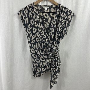 New York & Company Mesh Faux Wrap Animal Print Ruched Y2K Top Womens Size S